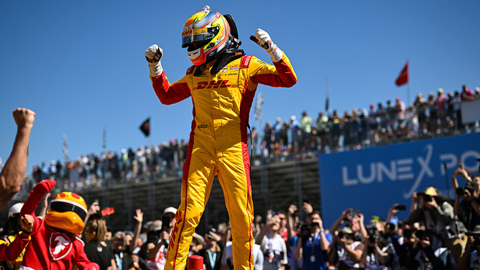 Alex Palou celebrates a win